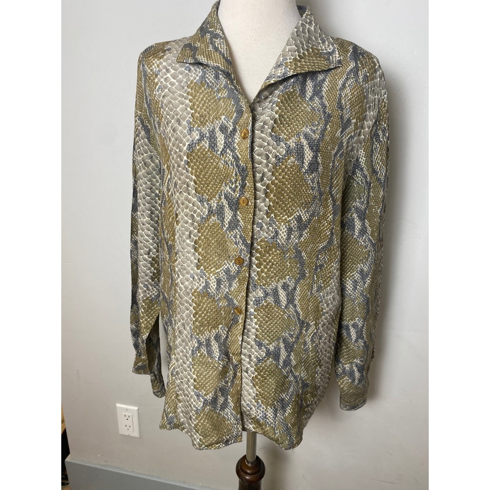 Anna and Frank Vintage 90s Silk Snakeskin Print Blouse Olive Grey Large